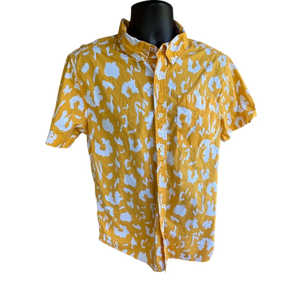 Dip Mens Yellow White Abstract Animal Print Short Sleeve Button Down Shirt M
